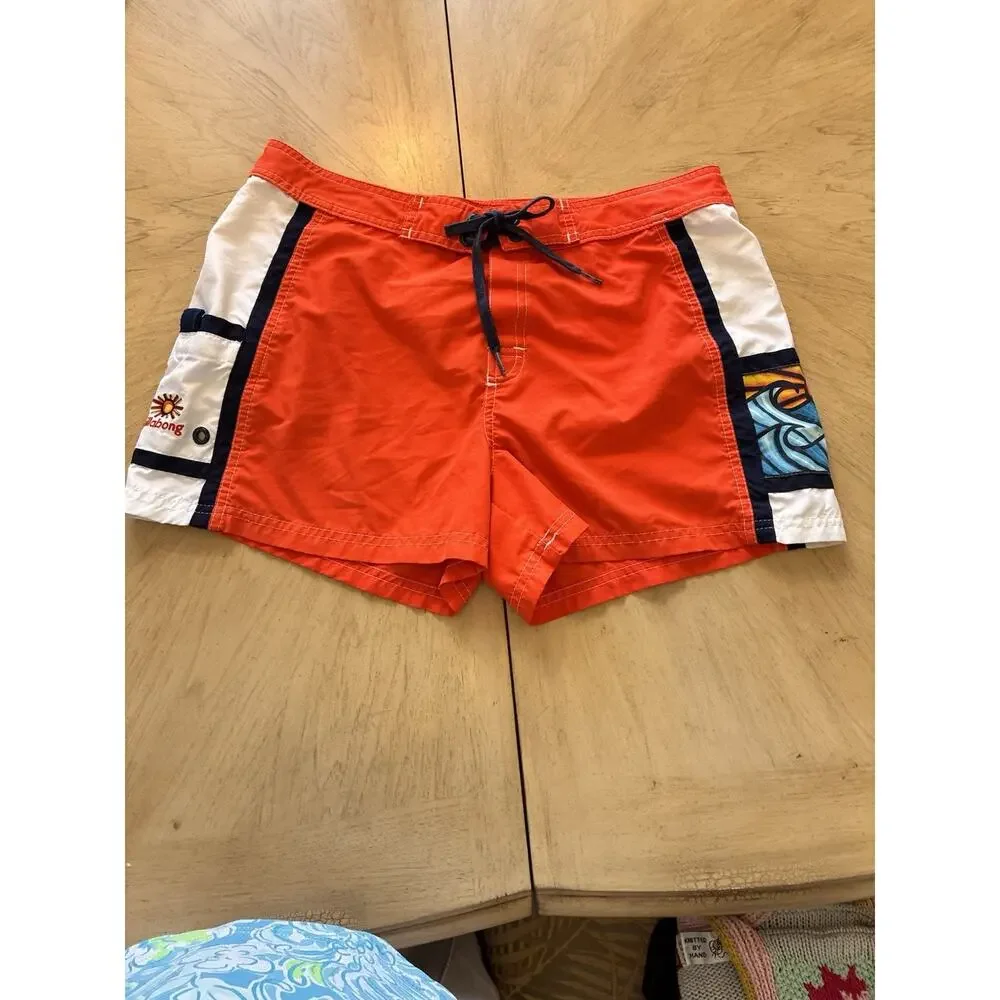 VTG 90s Billabong Board Swim Shorts Mini Womens Large Hawaiian Aloha Orange Surf